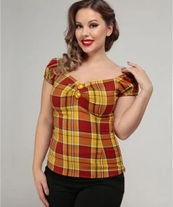 Collectif Autumn Leaves Check Ellie Mae Top