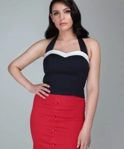 Collectif Miss Marina Halter Top In Navy Pinup