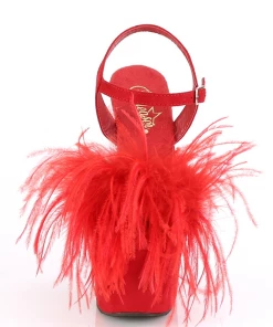 Pleaser Pinup Feather Pom Pom Heels In Red Suede