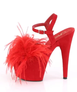 Pleaser Pinup Feather Pom Pom Heels In Red Suede