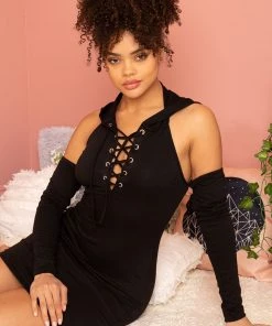 Symphony Electra Lace-Up Hooded Halter Dress Gothic