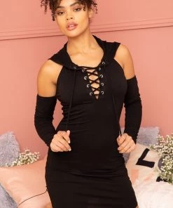 Symphony Electra Lace-Up Hooded Halter Dress Gothic