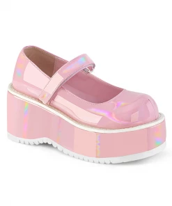 Demonia Gothic Dollie Platform Mary Janes In Pink Holographic Patent