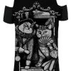 Restyle Steampunk Cat Couple Cold-Shoulder T-Shirt Gothic