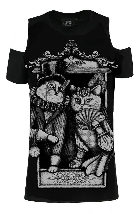 Restyle Steampunk Cat Couple Cold-Shoulder T-Shirt Gothic 1 Restyle Steampunk Cat Couple Cold-Shoulder T-Shirt Gothic